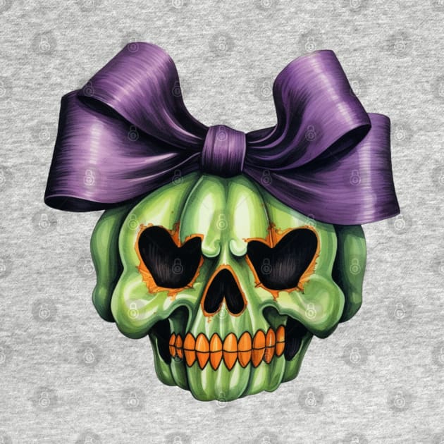 Cute Halloween green Skull with big bow by LaartStudio